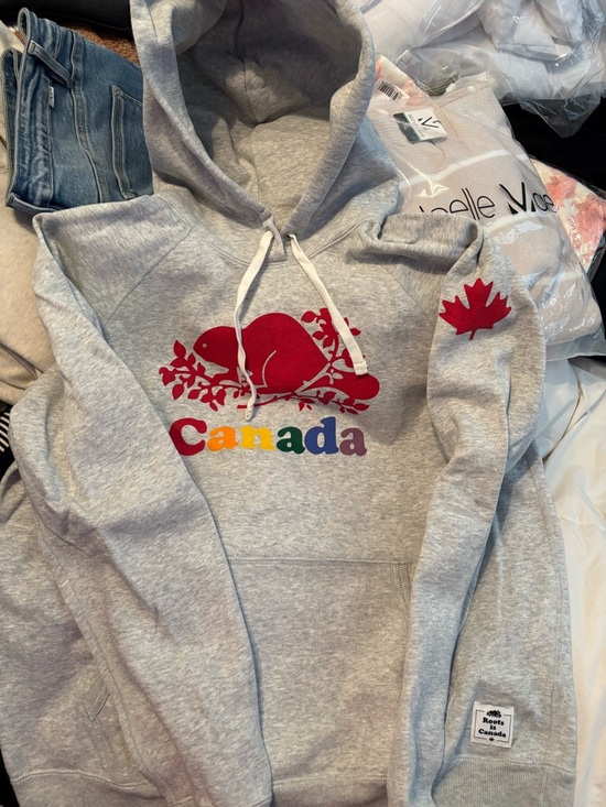 Roots Tops - Roots Gray Canada Hoodie with Red Beaver & Rainbow Text